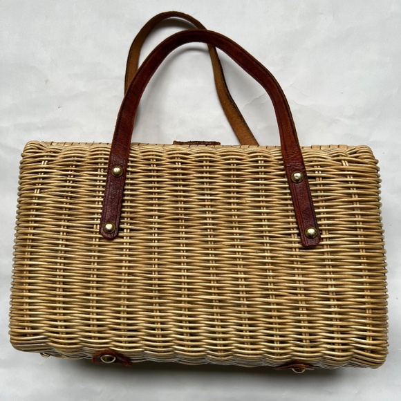 Woven Bag Coated Wicker Leather Straps Handbag Double Handles 11" x  6" x 3" - Picture 2 of 5